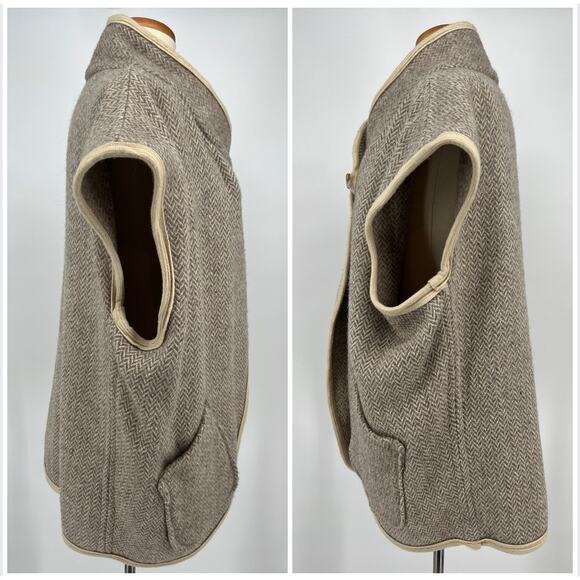 Vtg Natural Knitwear Wool Blanket Vest Coat Tan Tweed Reversible Herringbone MCM - Picture 7 of 12